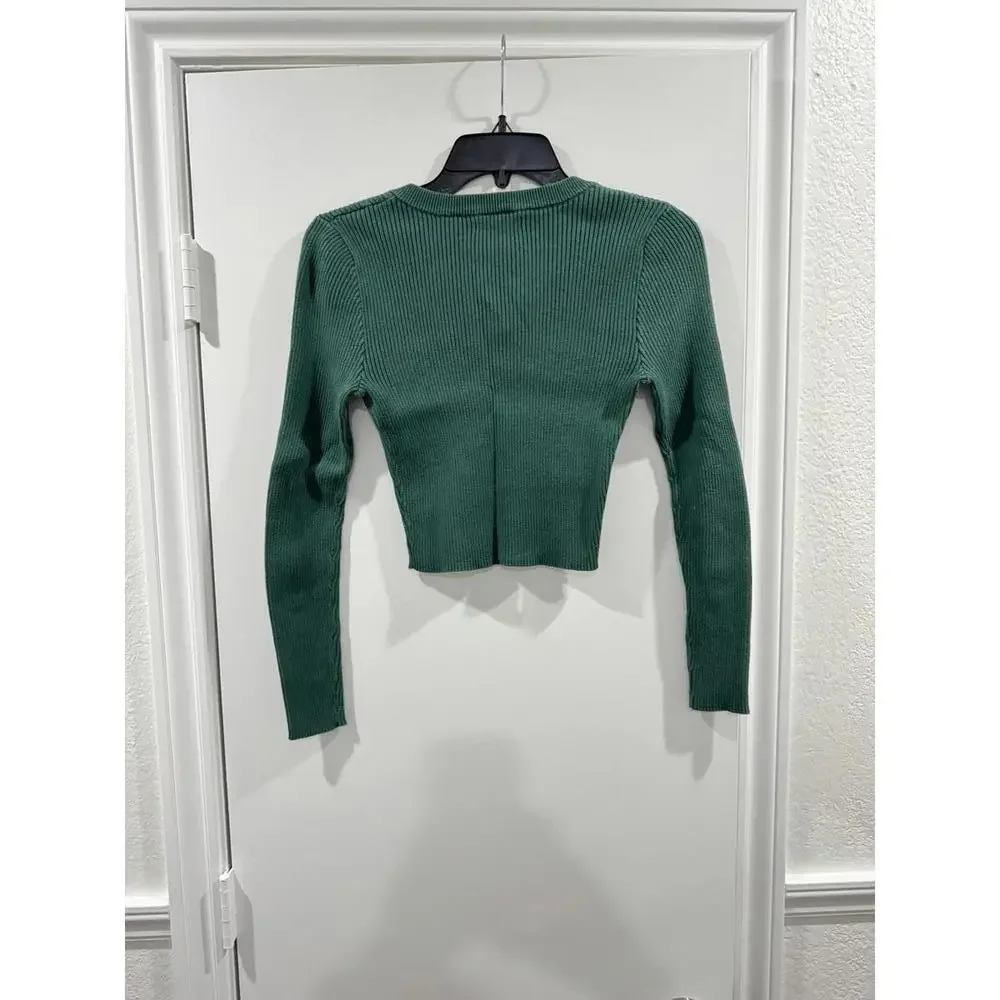 Forever 21 Red & Green Ribbed Henley Long Sleeve Crop Sweater Set- Size Small - Picture 5 of 9